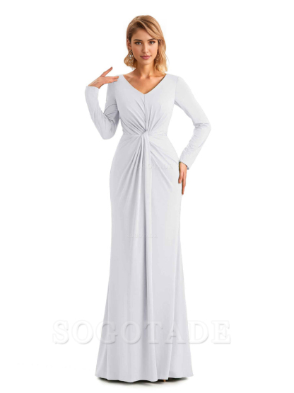 Elegant Simple Mermaid Pleats V-neck Long-Sleeves Floor Length Long Formal Bridesmaid Dresses