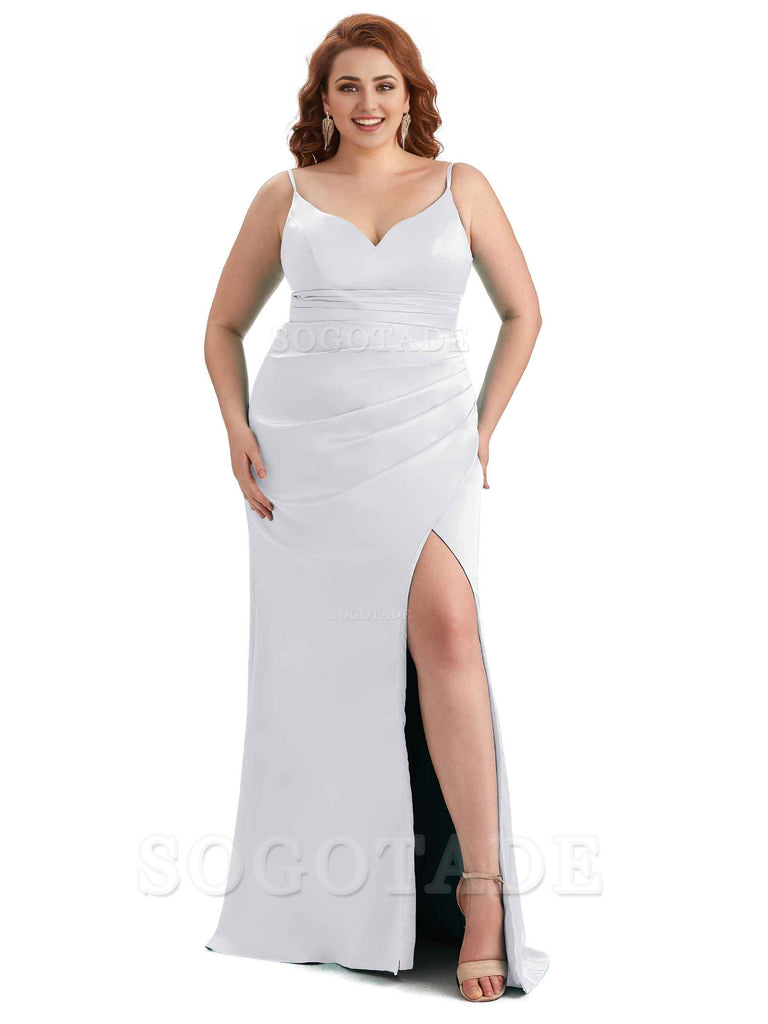 Sexy Side Slit Spaghetti Straps Mermaid Soft Satin Long Plus Size Maid of Honor Dresses