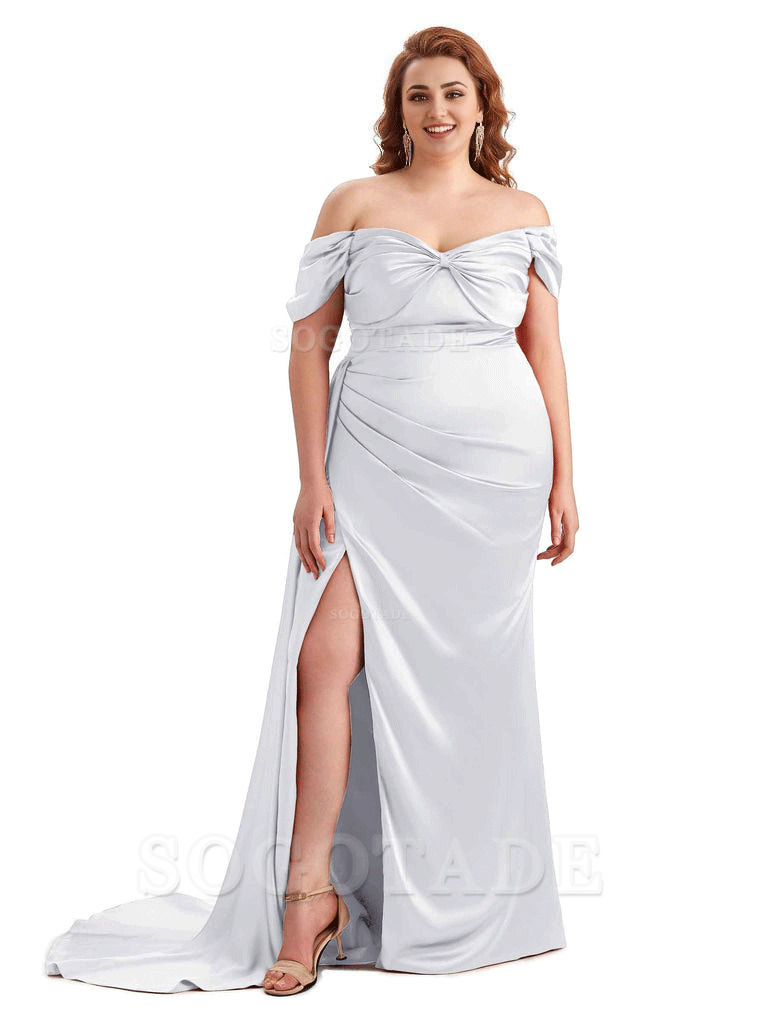  Sexy Side Slit Off The Shoulder Mermaid Soft Satin Long Plus Size Bridesmaid Dress For Wedding