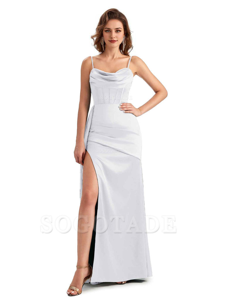 Sexy Side Slit Mermaid Silky Satin Spaghetti Straps Unique Wedding Guest Dresses
