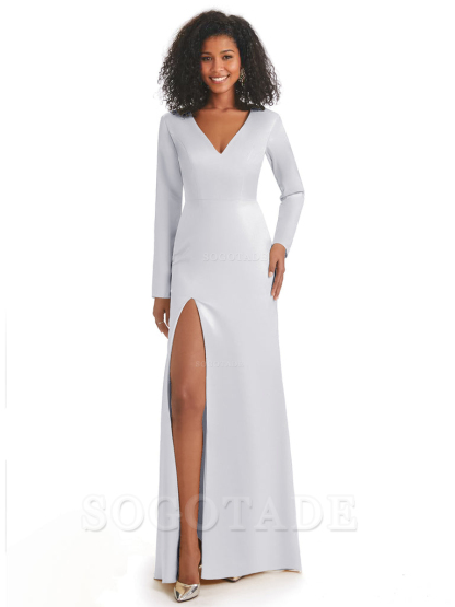 Soft Satin Side Slit Long Sleeves V-Neck Long African Mermaid Bridesmaid Dresses Elegant Evening Party Dress