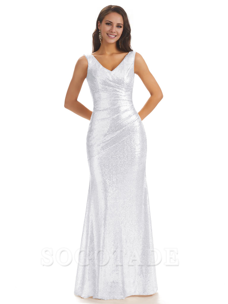 Sexy Sequin V-Neck Sparkly Long Mermaid Bridesmaid Dresses Charming Evening Party Dress