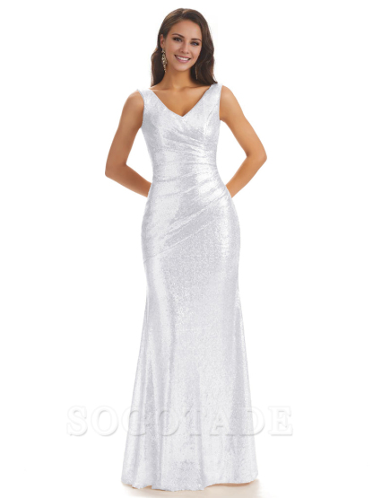 Sexy Sequin V-Neck Sparkly Long Mermaid Bridesmaid Dresses Charming Evening Party Dress