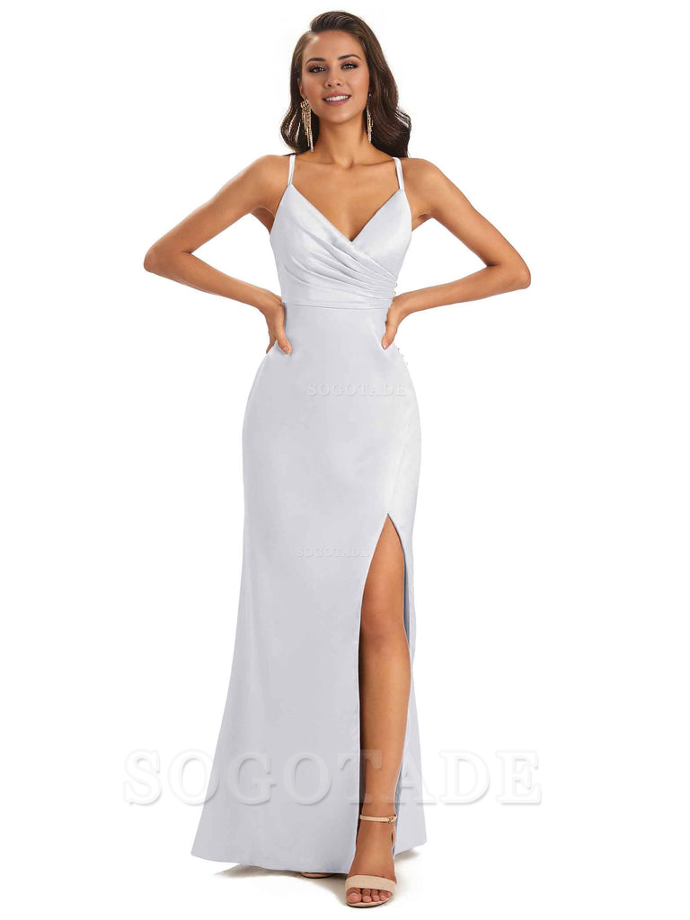 Soft Satin Side Slit Spaghetti Straps Long Unique Mermaid Bridesmaid Dresses Elegant Evening Party Dress