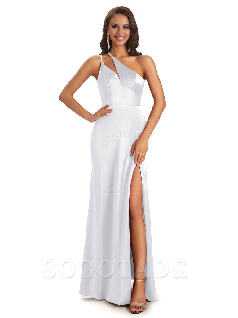 Sexy Soft Satin Side Slit One Shoulder Floor-Length Mermaid Long Bridesmaid Dresses Elegant Evening Party Dress
