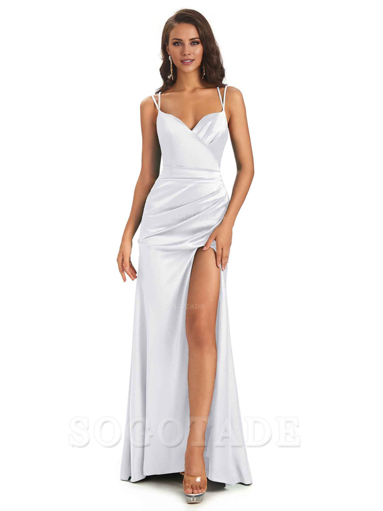 Sexy Soft Satin Side Slit Spaghetti Straps Long Maxi Mermaid Bridesmaid Dresses Elegant Evening Party Dress