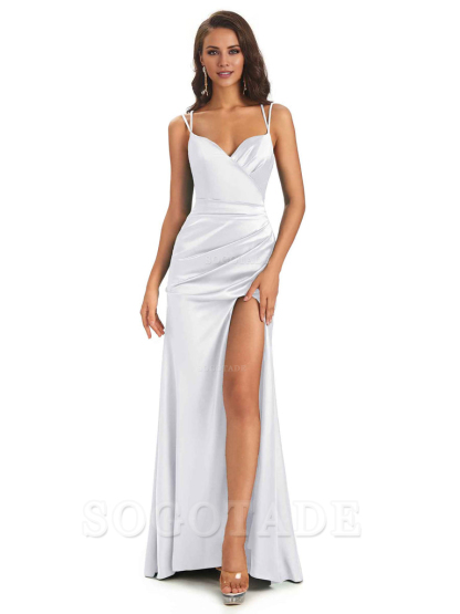 Sexy Soft Satin Side Slit Spaghetti Straps Long Maxi Mermaid Bridesmaid Dresses Elegant Evening Party Dress