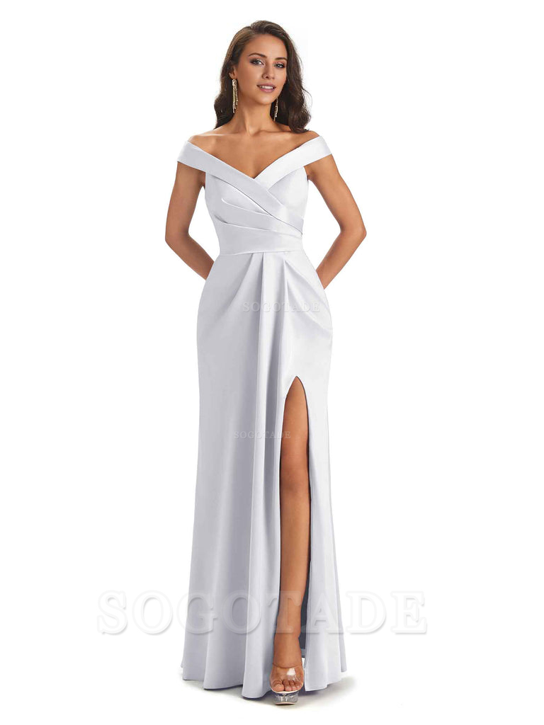 Sexy Soft Side Slit Off Shoulder V-Neck Long Satin Ladies Bridesmaid Dresses Elegant Evening Party Dress