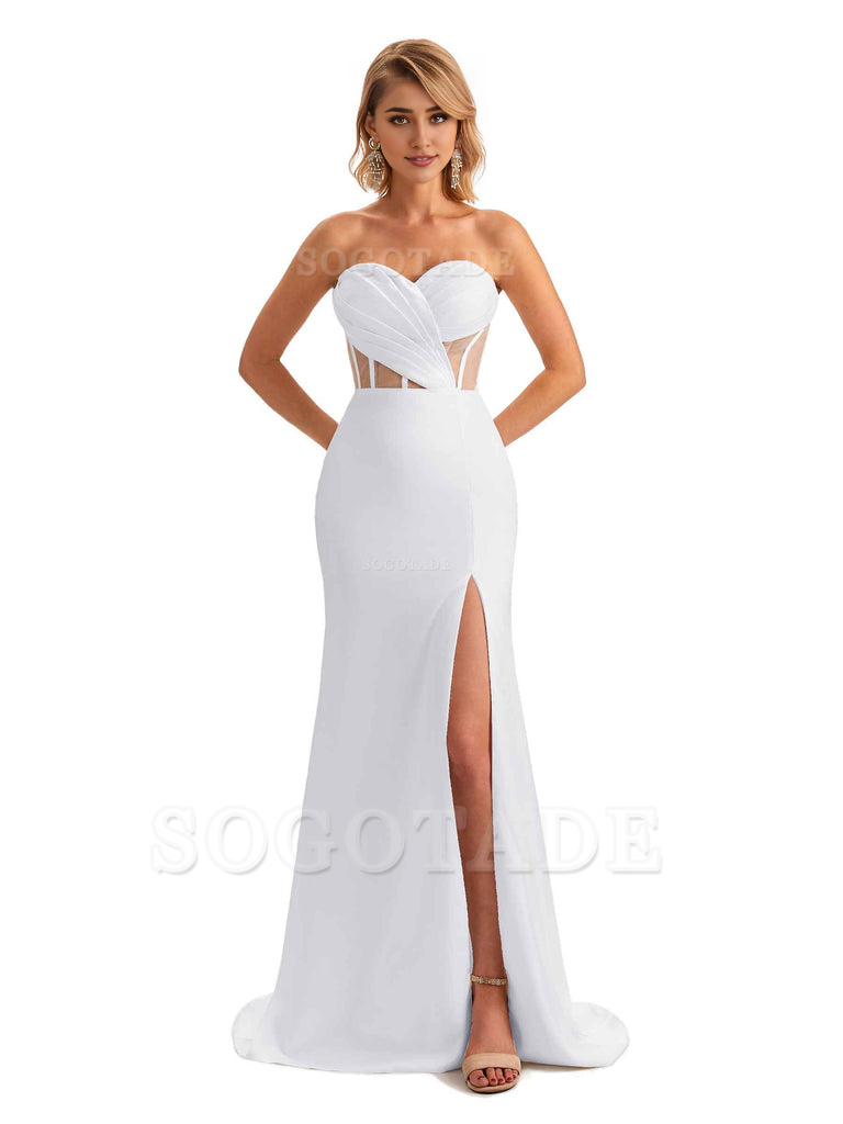 Sexy Sweetheart Strapless Side Slit Mermaid Soft Satin Unique Long Bridesmaid Dress For Wedding