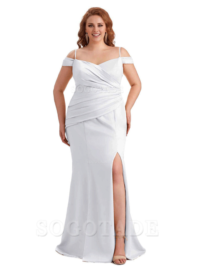 Elegant Cold Shoulder Side Slit Mermaid Soft Satin Long Plus Size Bridesmaid Gowns