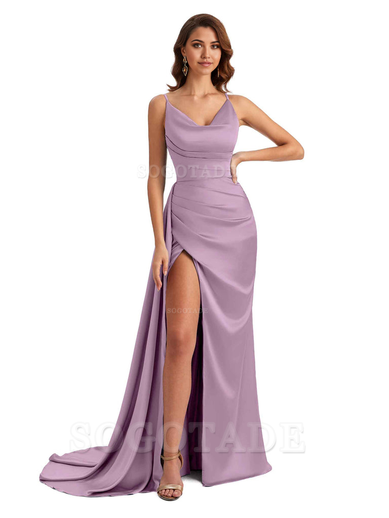 Mermaid Cowl Spaghetti Satin formal dresses evening gown Bridesmaid Dresses With Side Slit