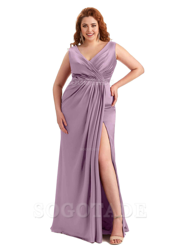 Mermaid V-Neck Satin formal dresses evening gown Bridesmaid Dresses With Side Slit 