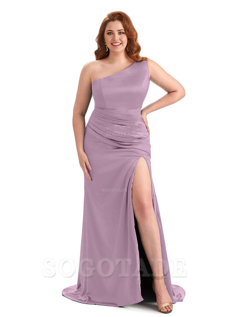 One Shoulder Sexy Side Slit Sleeveless Mermaid Soft Satin Long Plus Size Bridesmaid Dress For Wedding