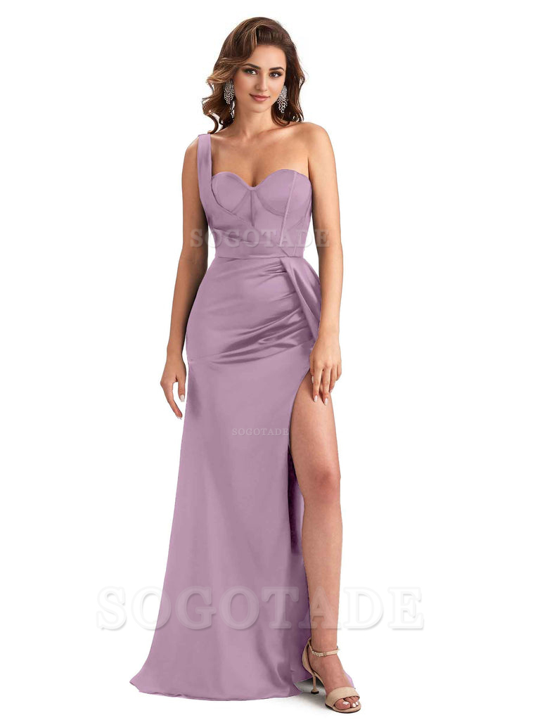 Sexy Mermaid Silky Satin Side Slit One Shoulder Unique Long Wedding Guest Dresses