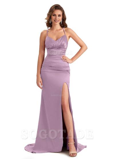 Sexy Mermaid Silky Satin Side Slit One Shoulder Unique Long Wedding Guest Dresses