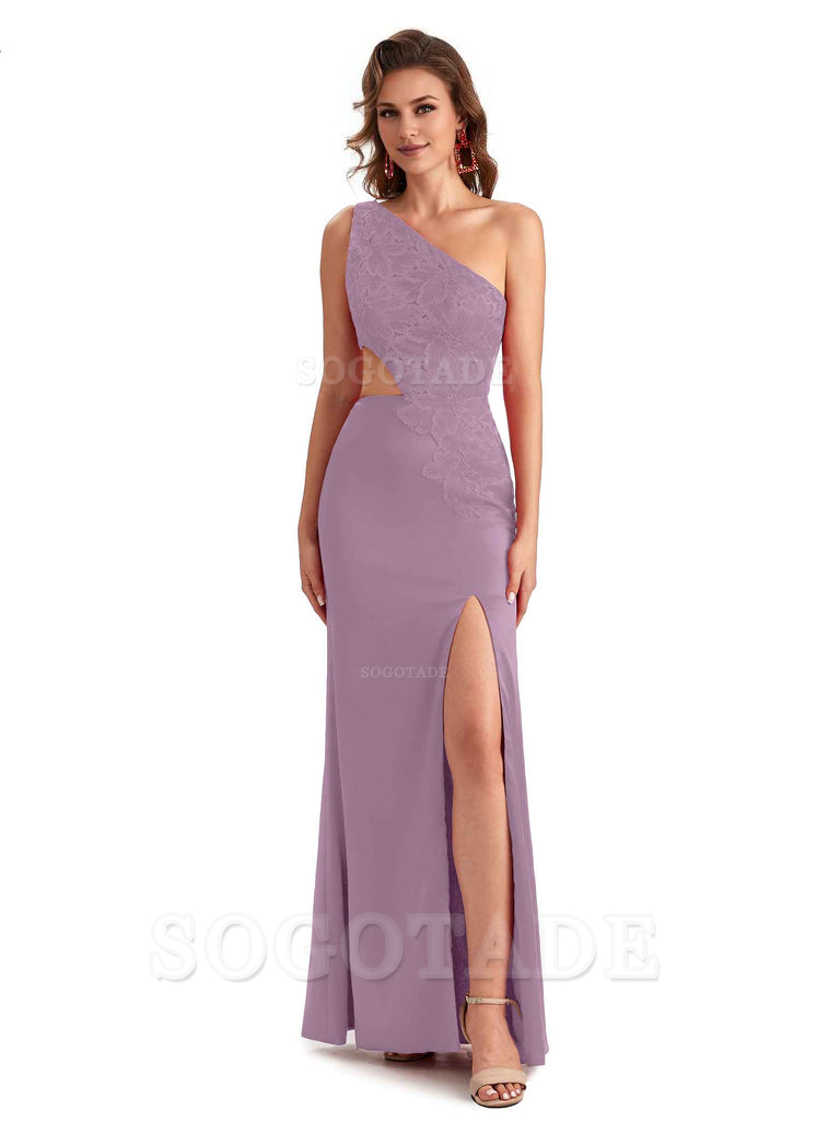 Sexy Side Slit Mermaid Lace Silky Satin One Shoulder Chic Long Bridesmaid Dresses