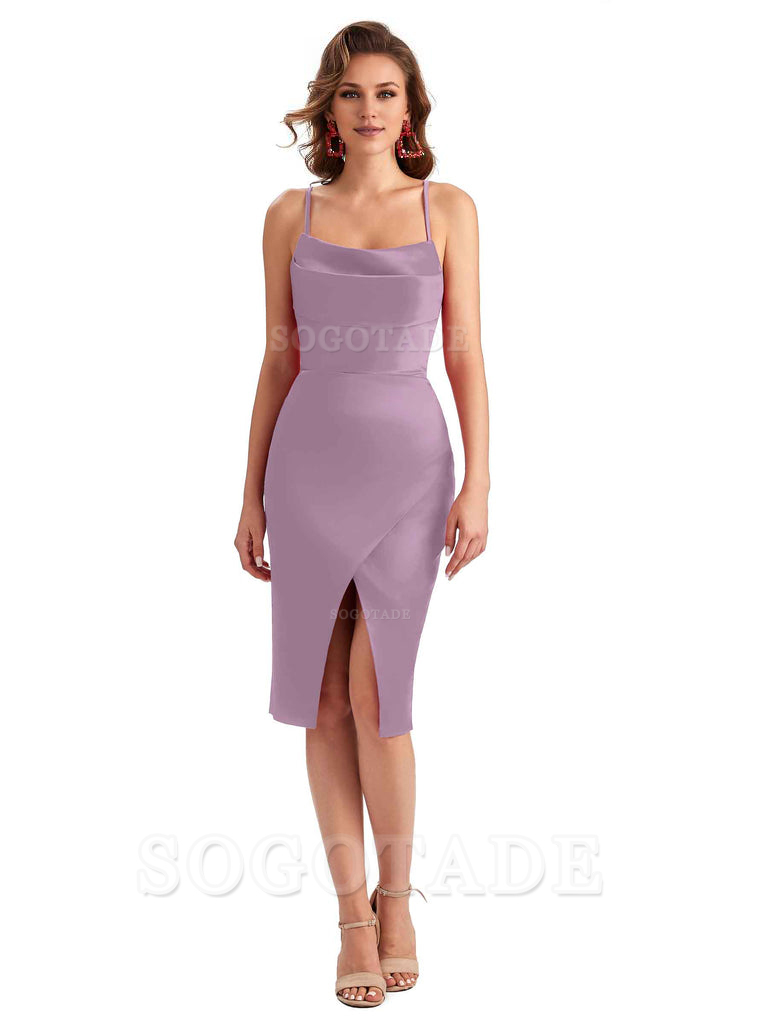 Elegant Spaghetti Straps Mermaid Soft Satin Knee Length Short Bridesmaid Dresses