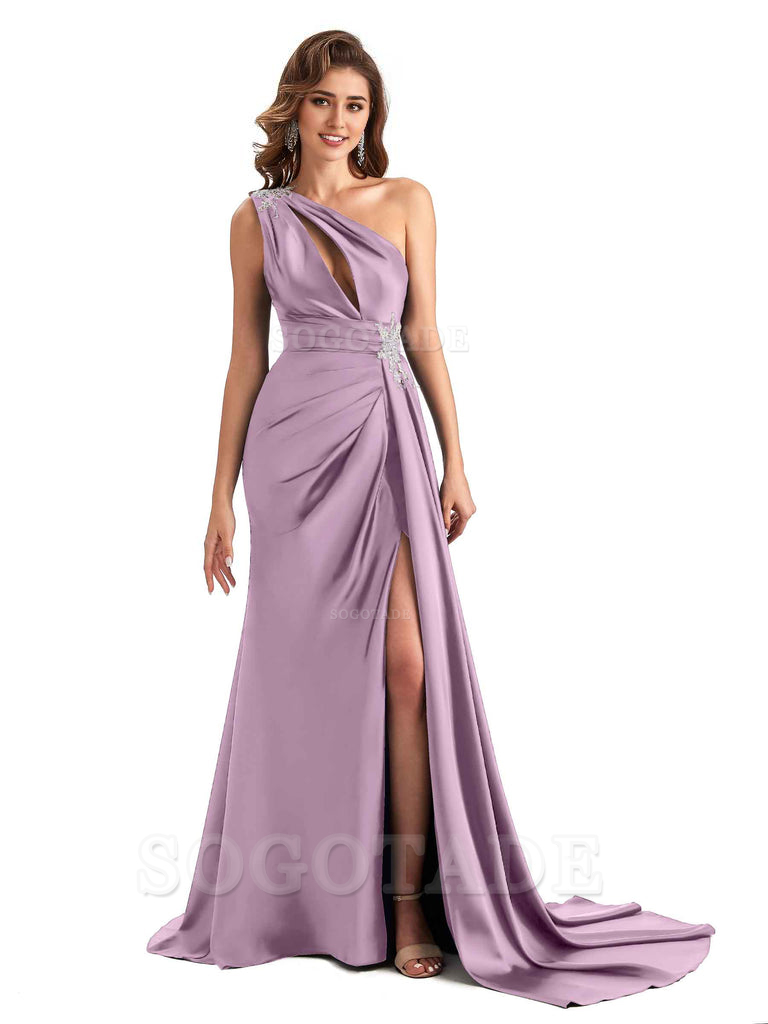 Sexy Side Slit Mermaid Soft Satin One Shoulder Lace Long Modern Bridesmaid Dresses