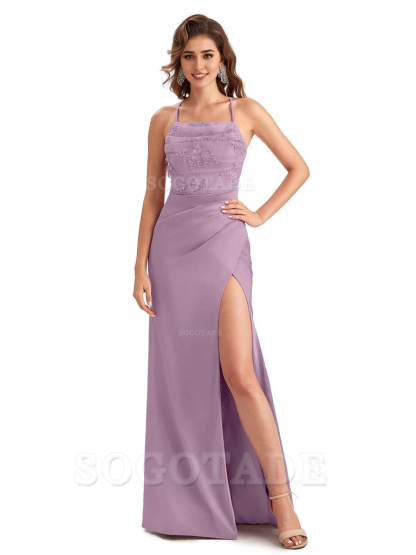 Sexy Side Slit Mermaid Lace Silky Satin Long Wedding Day Guest Dresses