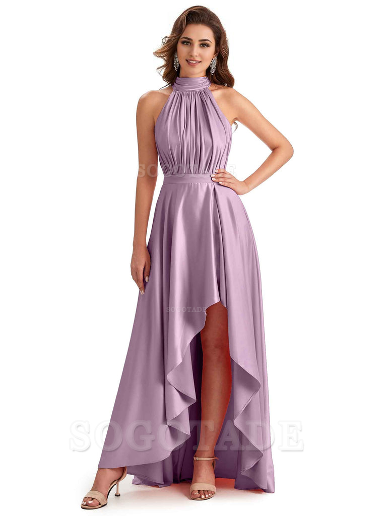 Soft Satin High Neck High Low A-Line Unique Bridesmaid Dresses Online