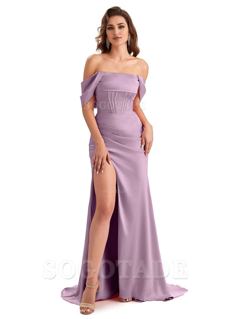 Sexy Side Slit Mermaid Soft Satin Off The Shoulder Unique Long Wedding Attendee Dresses