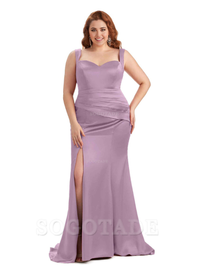 Sexy Side Slit Sleeveless Mermaid Straps Soft Satin Long Plus Size Maid of Bridesmaid Dresses