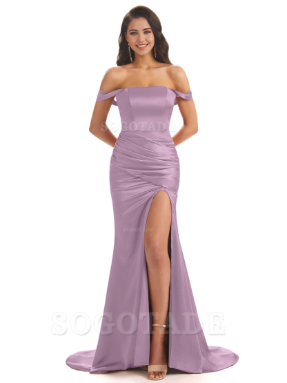 Mermaid Off Shoulder Floor-Length Satin formal dresses evening gown Bridesmaid Dresses With Side Slit 
