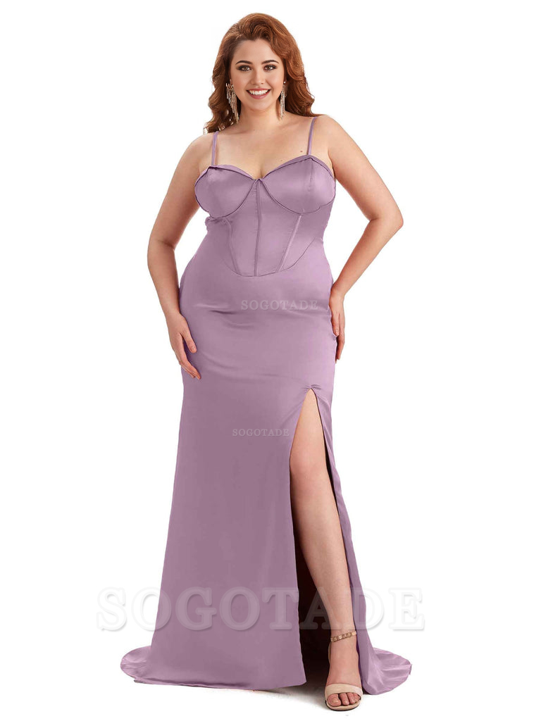 Sexy Spaghetti Straps Side Slit Sleeveless Mermaid Soft Satin Long Bridesmaid Dress Plus Size Dress To Wear to a Wedding