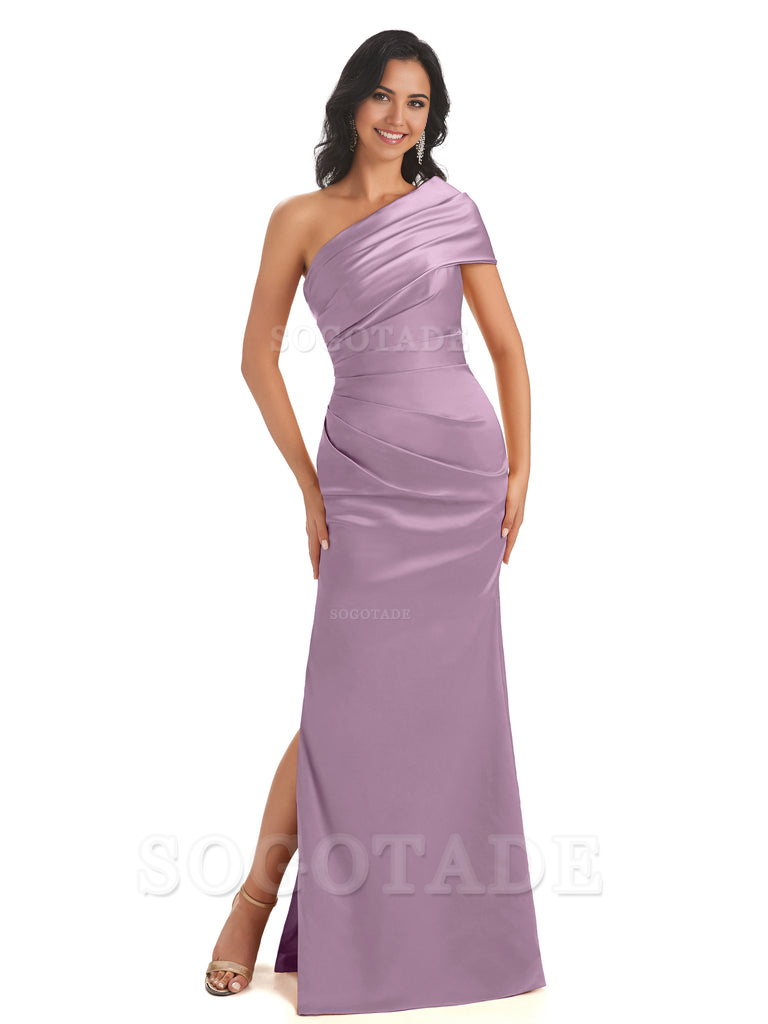 Mermaid One Shoulder Satin Long formal dresses evening gown Bridesmaid Dresses With Side Slit 