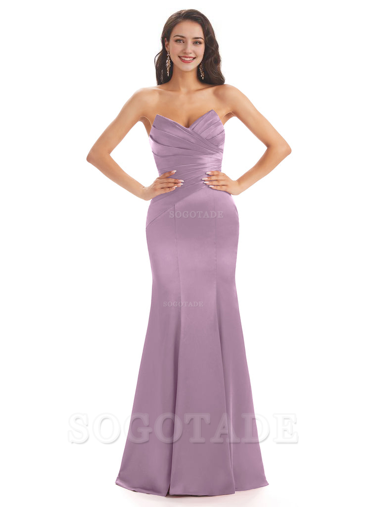 Simple Strapless Sweetheart Soft Satin Mermaid Long Bridesmaid Dresses prom shop dresses