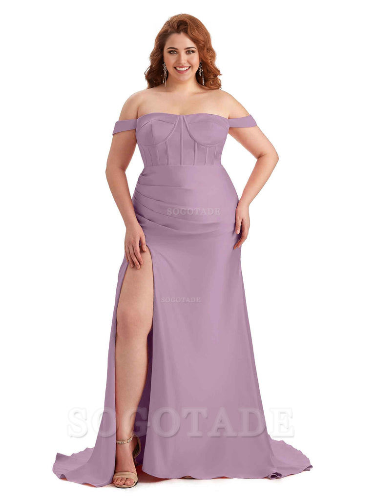 Elegant Off The Shoulder Side Slit Mermaid Soft Satin Floor Length Long Plus Size Bridesmaid Gowns