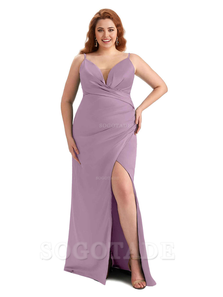 Sexy Side Slit Spaghetti Straps Sleeveless Mermaid V-neck Soft Satin Long Plus Size Bridesmaid Dress For Wedding