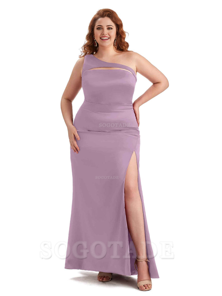 Sexy Mermaid Sleeveless One Shoulder Side Slit Soft Satin Long Plus Size Bridesmaid Dress For Wedding