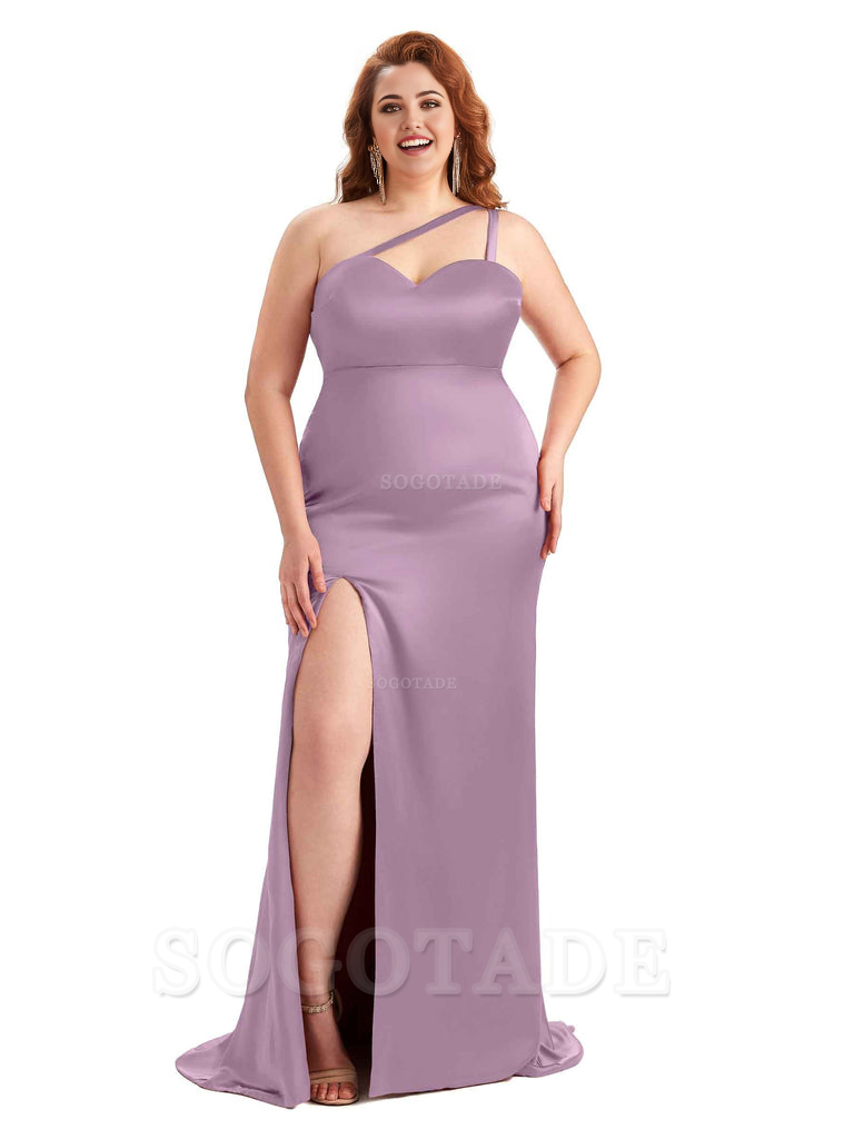 Sexy Side Slit Sleeveless Mermaid One Shoulder Soft Satin Long Plus Size Bridesmaid Dress For Wedding