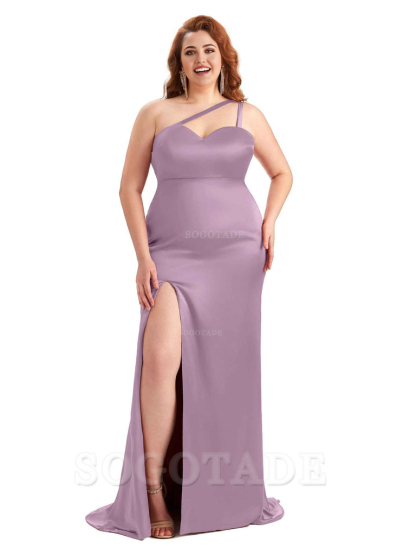 Sexy Side Slit Sleeveless Mermaid One Shoulder Soft Satin Long Plus Size Bridesmaid Dress For Wedding