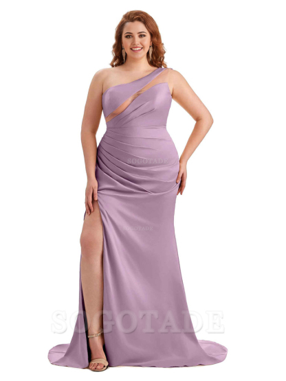 Sexy Unique Sleeveless One Shoulder Side Hight Slit Mermaid Soft Satin Long Plus Size Maid of Honour Dresses