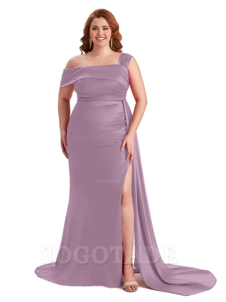 Sexy Side Hight Slit One Shoulder Mermaid Soft Satin Long Plus Size With Train Matron of Honor Dresses
