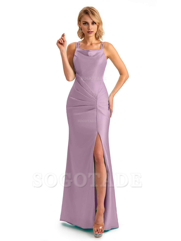 Soft Satin Spaghetti Straps Side Slit Long Unique Mermaid Beautiful Dresses For Wedding