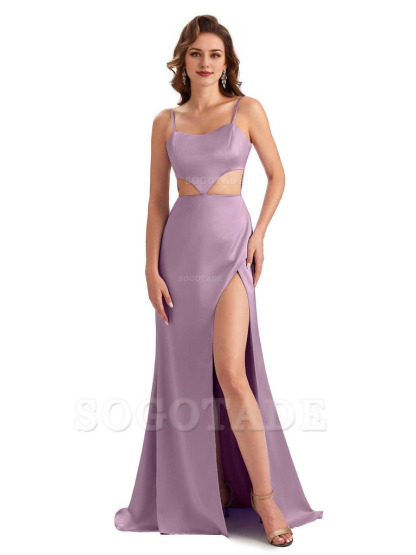 Sexy Satin Side Slit Spaghetti Straps Mermaid Long Unique Curve Wedding Guest Dresses