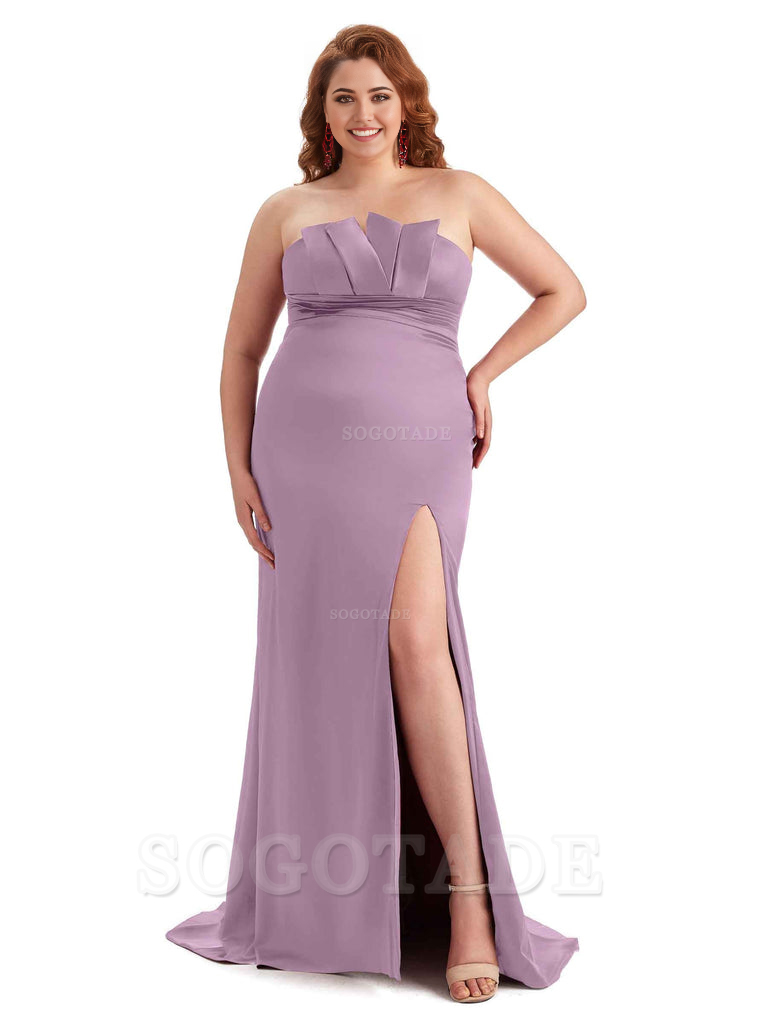 Sexy Side Slit Sleeveless Mermaid Soft Satin Long Plus Size Wedding Party Dresses For Wedding