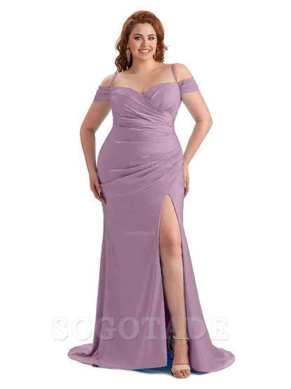 Sexy Side Slit Sleeveless Cold Shoulder Mermaid Soft Satin Long Plus Size Maid of Honor Dresses