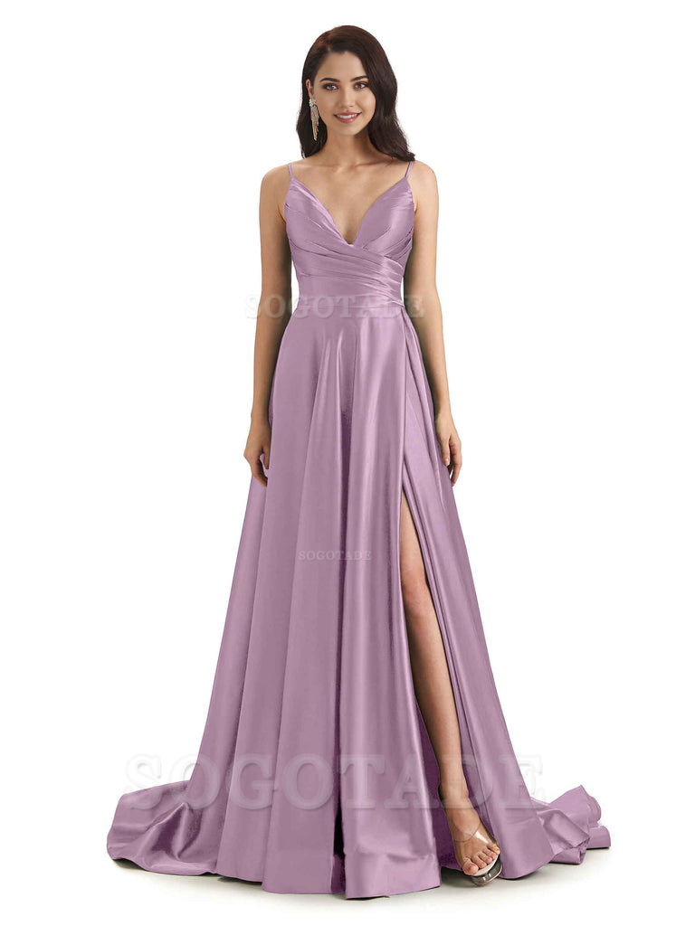 Spaghetti Straps Satin formal dresses evening gown Bridesmaid Dresses With Side Slit 