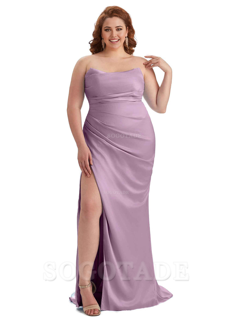 Sexy Side Slit Sleeveless Strapless Mermaid Soft Satin Long Plus Size Bridesmaid Dresses For Wedding
