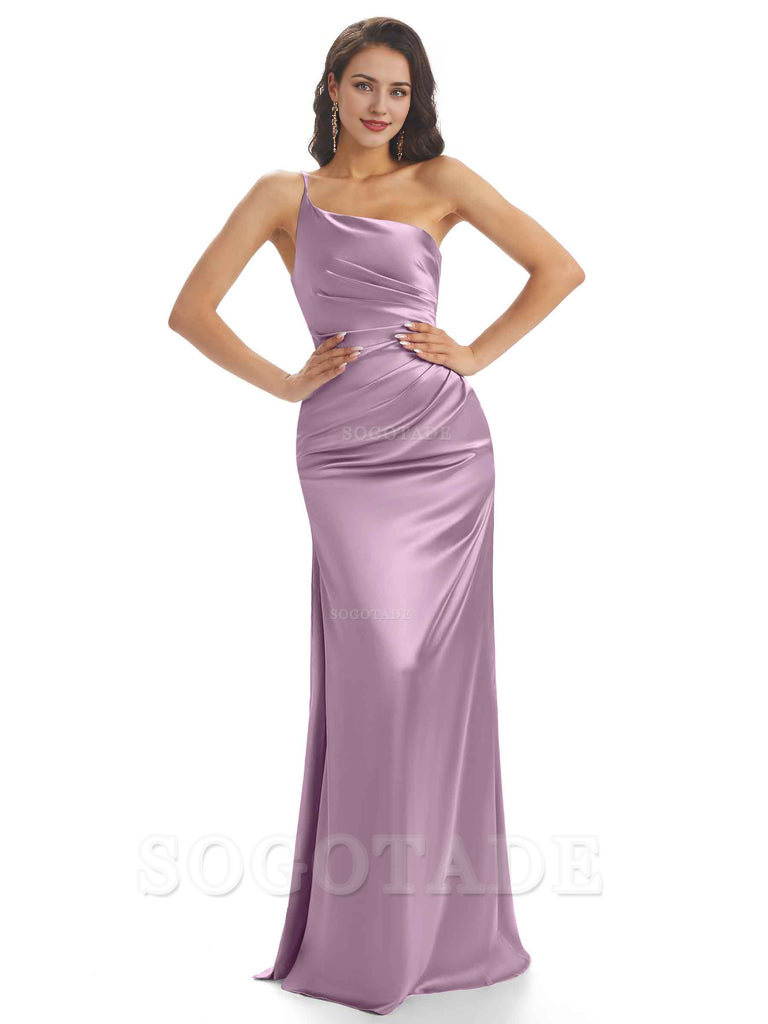 Sexy Soft Satin One Shoulder Side Slit Mermaid Long Bridesmaid Dresses prom dress shop ﻿