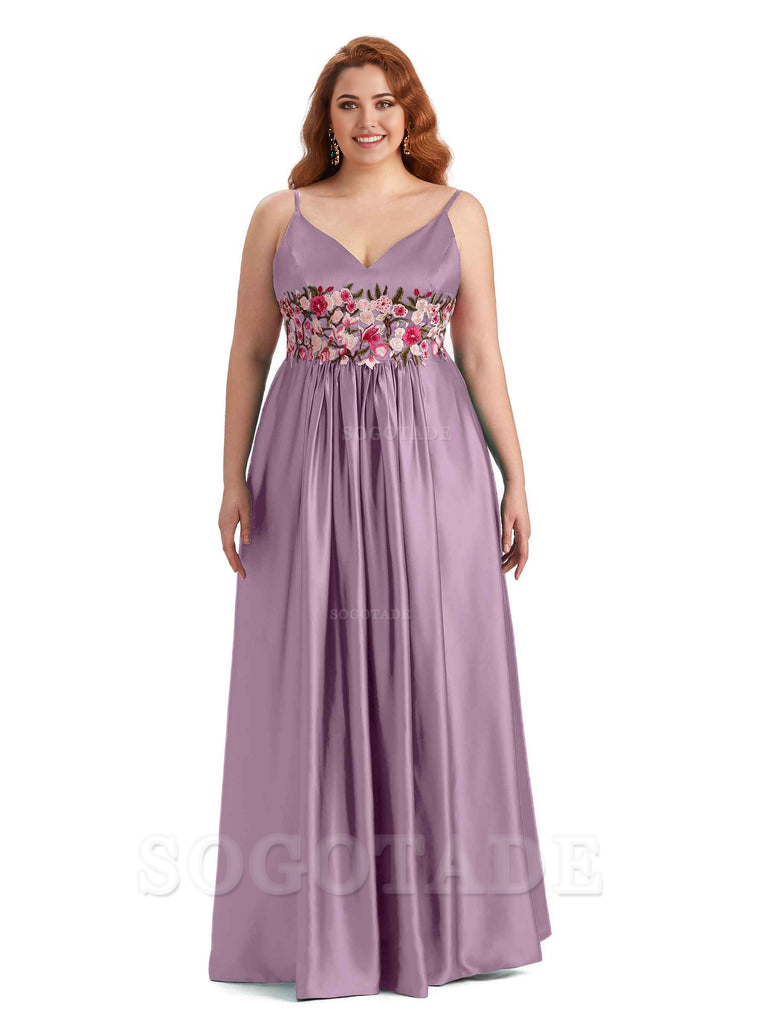 Unique Lace Spaghetti Straps Sleeveless Soft Satin Long Plus Size Bridesmaid Dress For Wedding