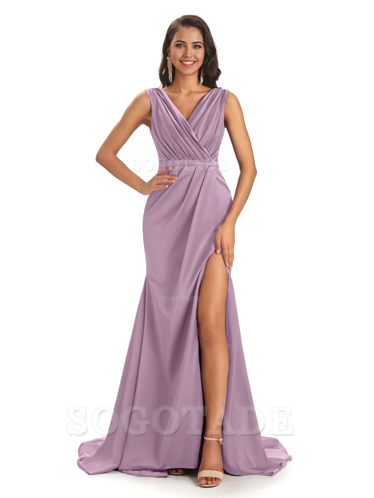 A-line V-neck Floor-Length Satin formal dresses evening gown Bridesmaid Dresses With Side Slit 