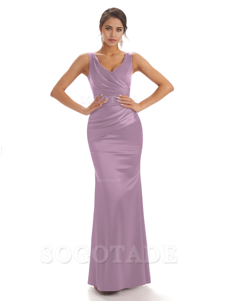 Sheath Sleeveless V-neck Floor-Length Satin formal dresses evening gown Bridesmaid Dresses With Pleats 