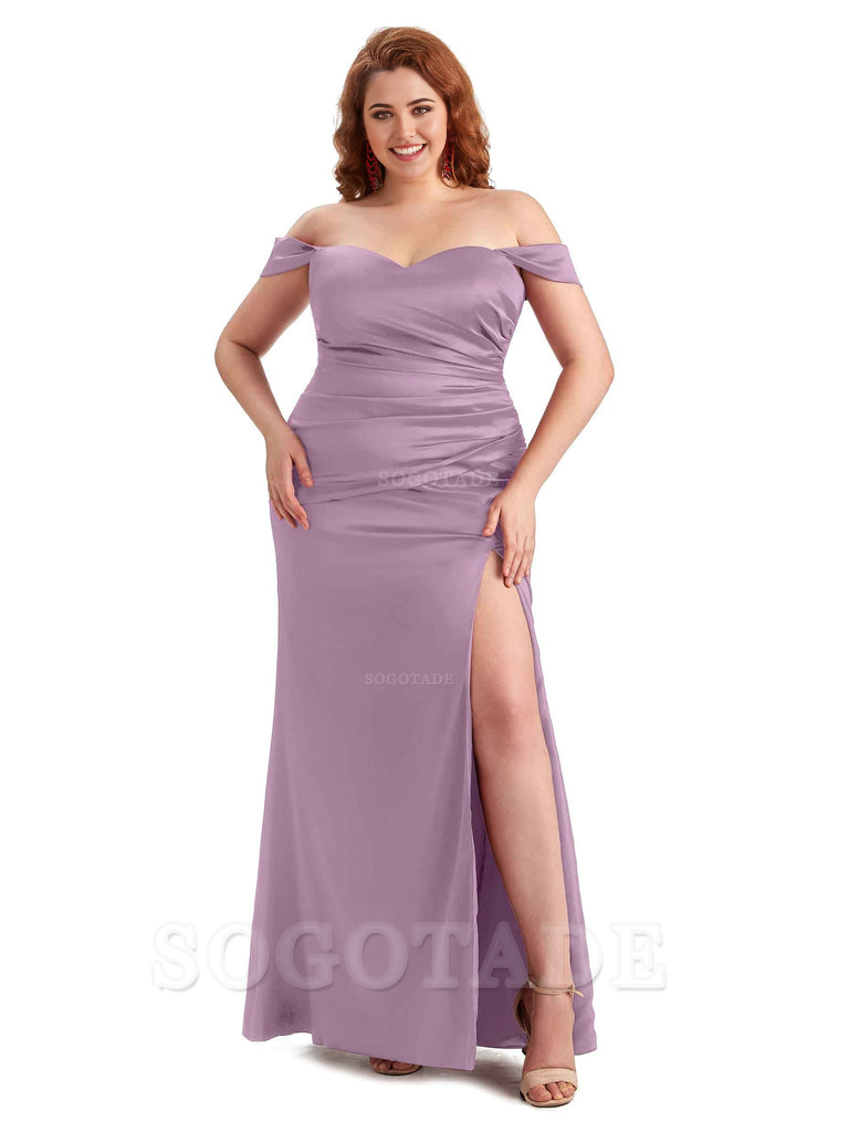 Sexy Off The Shoulder Sleeveless Side Slit Mermaid Soft Satin Long Plus Size Bridesmaid Dresses