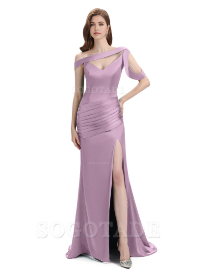 Mermaid V-Neck Satin Floor-Length formal dresses evening gown Bridesmaid Dresses With Side Slit 