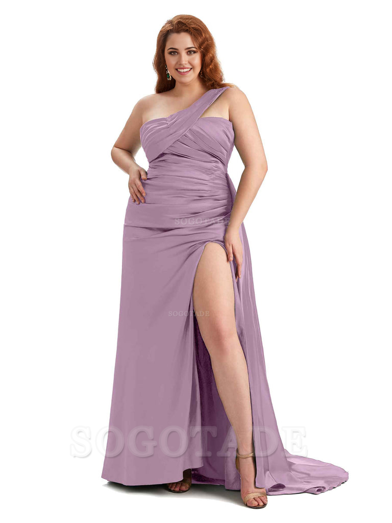  One Shoulder Sleeveless Sexy Side Hight Slit Mermaid Soft Satin Long Plus Size Bridesmaid Gowns